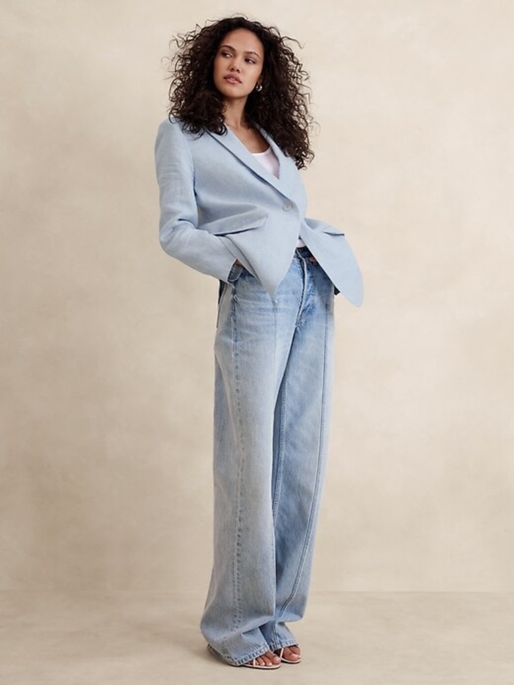 Banana Republic Lina Relaxed Linen Blazer Size 14 Cerulean Blue One Button